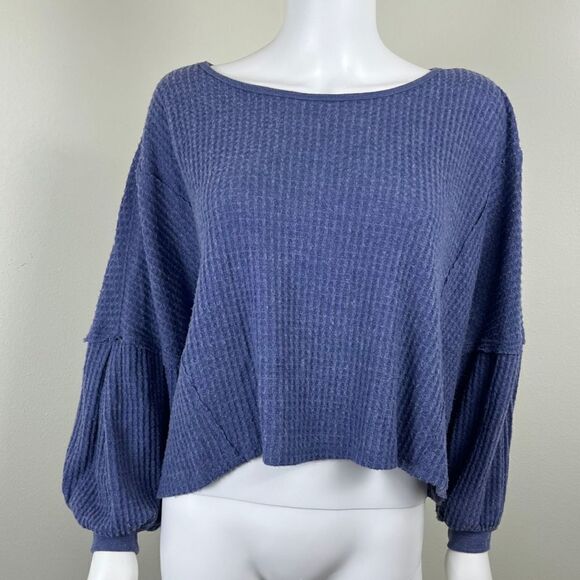 Free People Womens Size XS Blue Love Me Thermal Waffle Sweater Dolman Sleeve Top - Picture 13 of 14